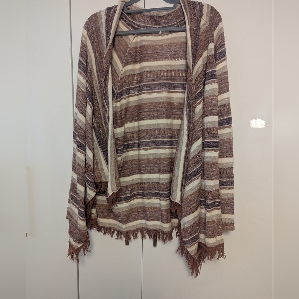 Striped Knit Open Cardigan with Fringe Bottom